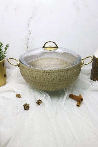 Evita İstiridye Gold İndüksiyon Cam Kapaklı Granit 28 cm Derin Tencere