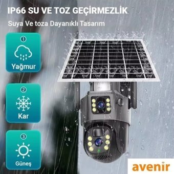 Avenir Av-M12 Güneş Enerjili 2 Kameralı 360 Derece Dönen Gece Görüşlü 66 Dış Mekan Güvenlik Kamerası