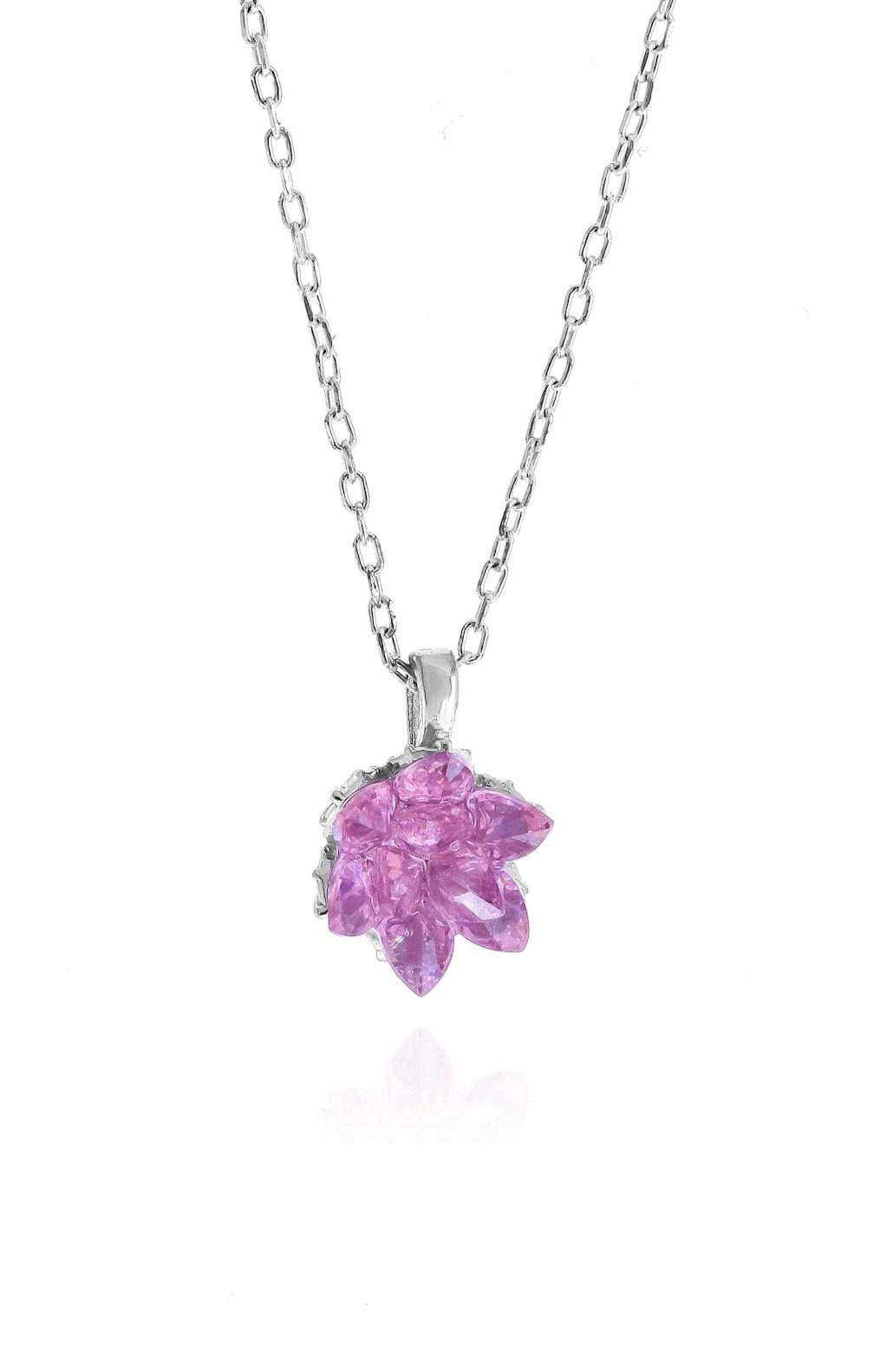 Sahra Gümüş Çiçekli Pembe Kuvars Taşlı Lotus Düz Zincir Kadın Gümüş Kolye 45 cm