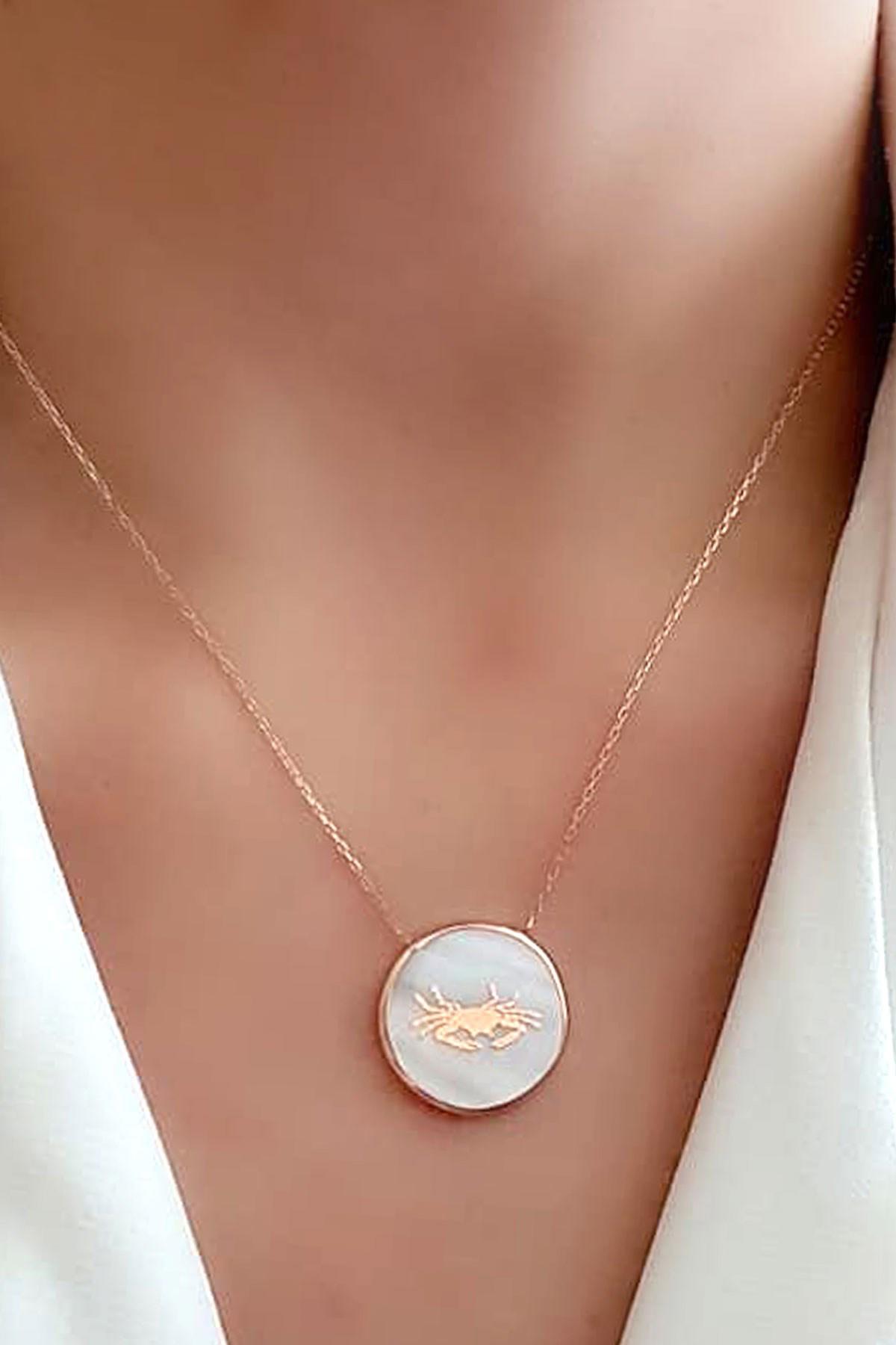 Oseshop Burç Figürlü Beyaz Sedef Taşlı Forse Zincir Kadın Gümüş Kolye 45 cm