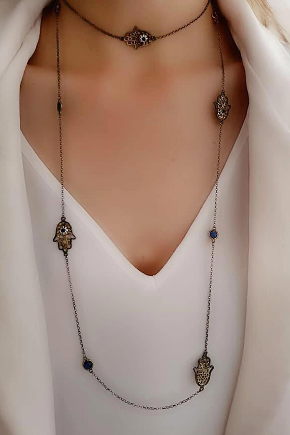 Oseshop Fatma Ana Eli Beyaz Zirkon Taşlı 925 Ayar Kararmayan Forse Zincir Kadın Gümüş Kolye 120 cm