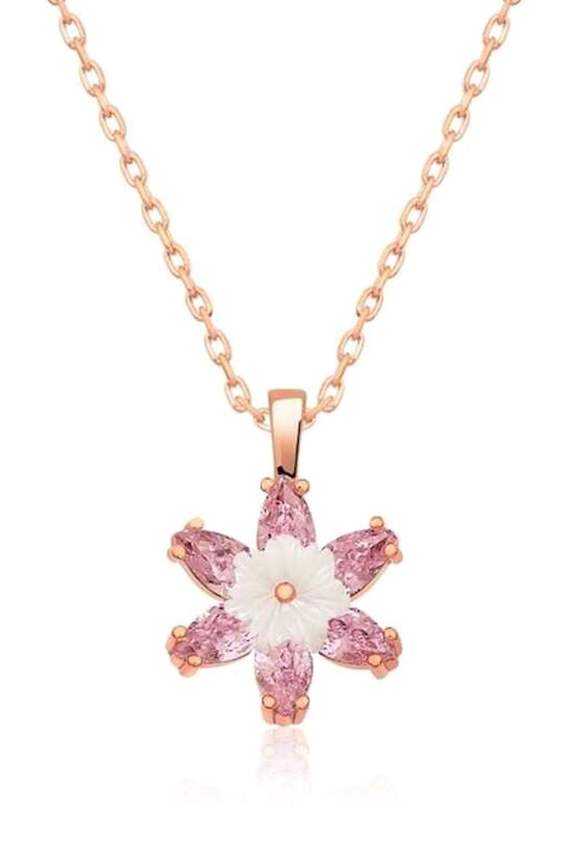 Lucky Life Çiçekli Pembe Zirkon Taşlı 925 Ayar Kararmayan Lotus Halat Zincir Kadın Gümüş Kolye 45 cm