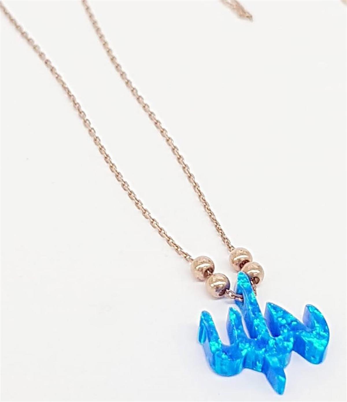 Oseshop Yazılı Mavi Opal Taşlı Forse Zincir Kadın Gümüş Kolye 45 cm
