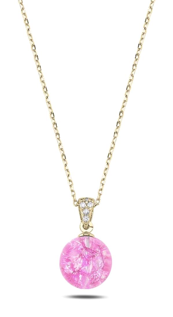 Kutaydan Küre Pembe Zirkon Taşlı Altın Kaplama Forse Zincir Kadın Gümüş Kolye 45 cm