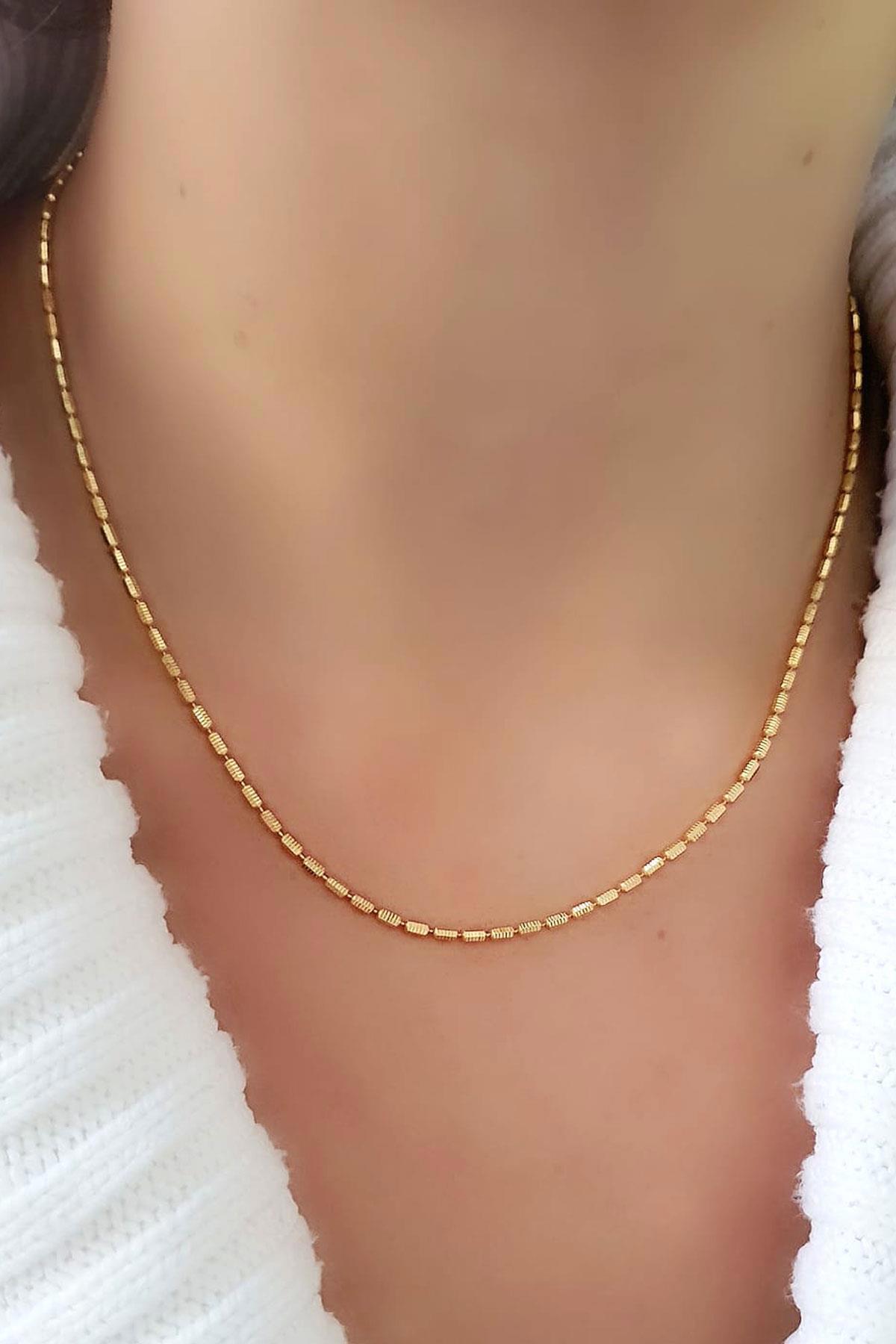 Oseshop Düz Zincir 925 Ayar Altın Kaplama Kararmayan Hasır İtalyan Zincir Kadın Gümüş Kolye 40 cm