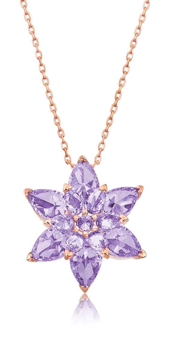 Lucky Life Çiçekli Lila Zirkon Taşlı 925 Ayar Kararmayan Lotus Halat Zincir Kadın Gümüş Kolye 45 cm