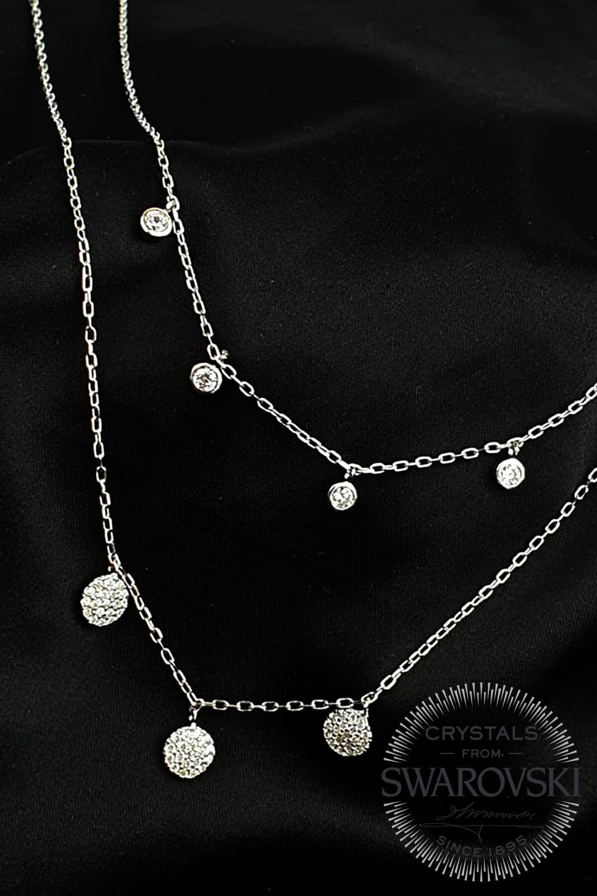 Oseshop Çift Zincir li Beyaz Swarovski Taşlı 925 Ayar Kararmayan Forse Zincir Kadın Gümüş Kolye 45 cm