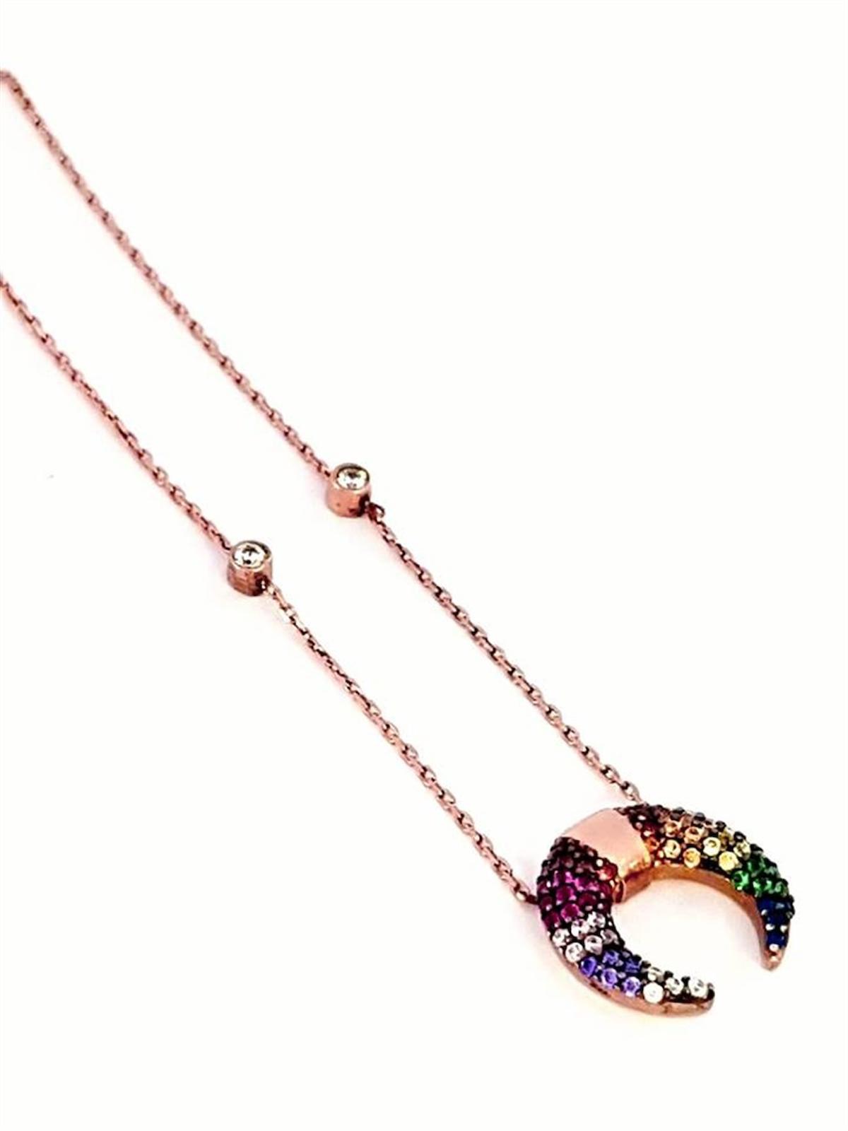 Oseshop Ters Hilal Beyaz Zirkon Taşlı Forse Zincir Kadın Gümüş Kolye 45 cm