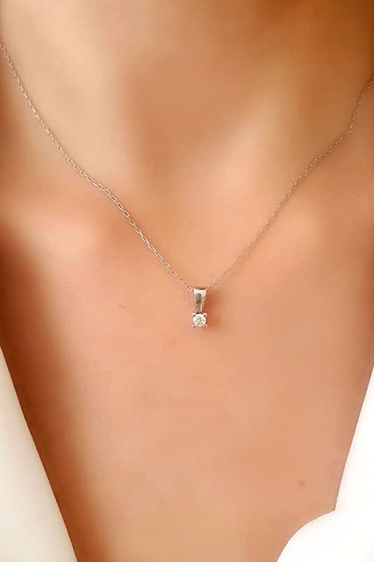 Oseshop Tektaşlı Beyaz Zirkon Taşlı Zincir Forse Zincir Kadın Gümüş Kolye 45 cm