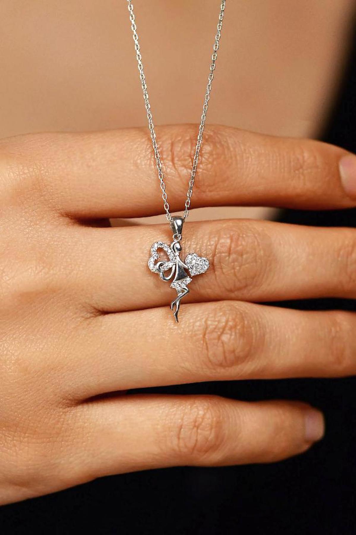 Roza Silver Kalpli Beyaz Zirkon Taşlı Zincir Forse Zincir Kadın Gümüş Kolye 45 cm