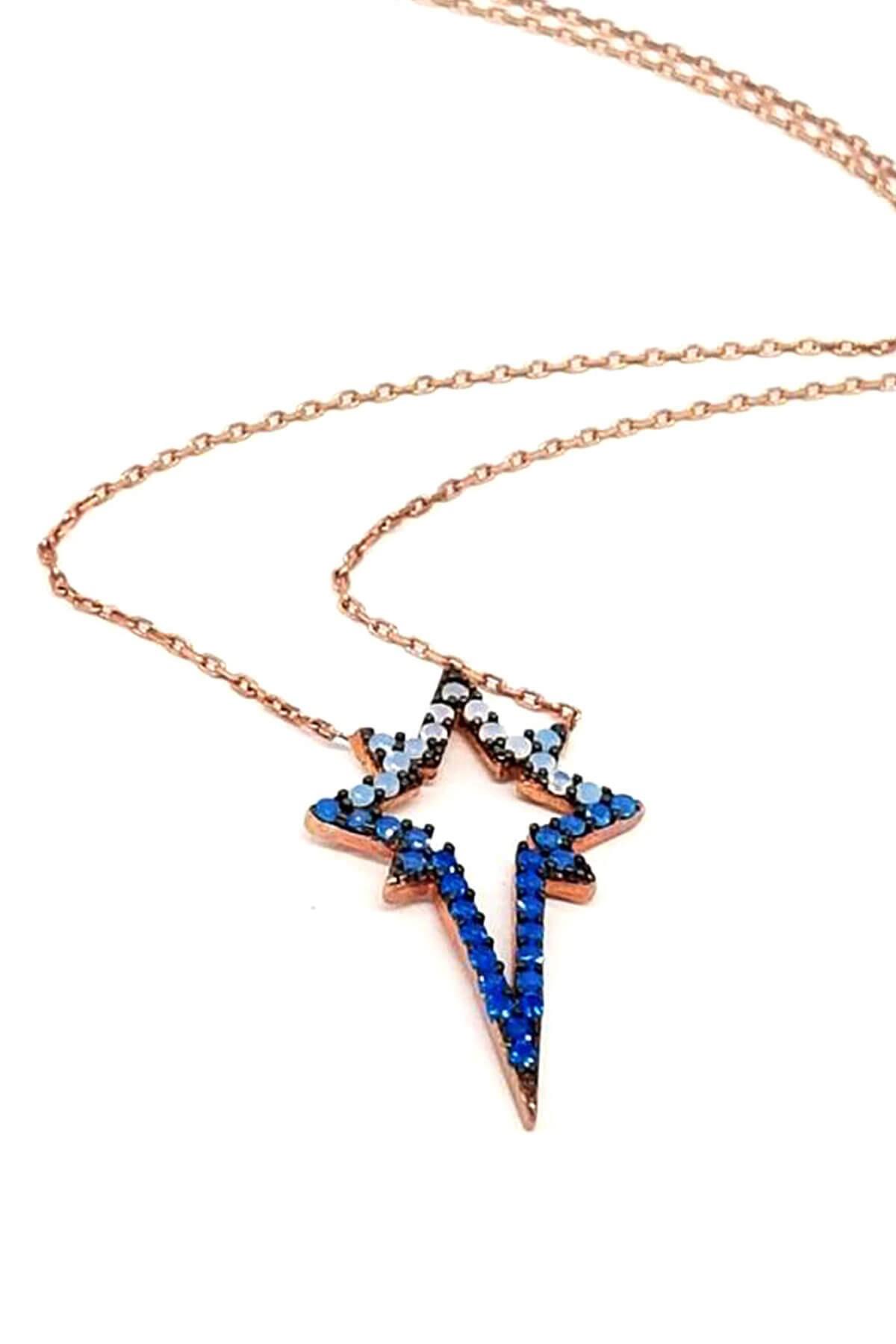 Oseshop Yıldızlı Lacivert Zirkon Taşlı Forse Zincir Kadın Gümüş Kolye 45 cm