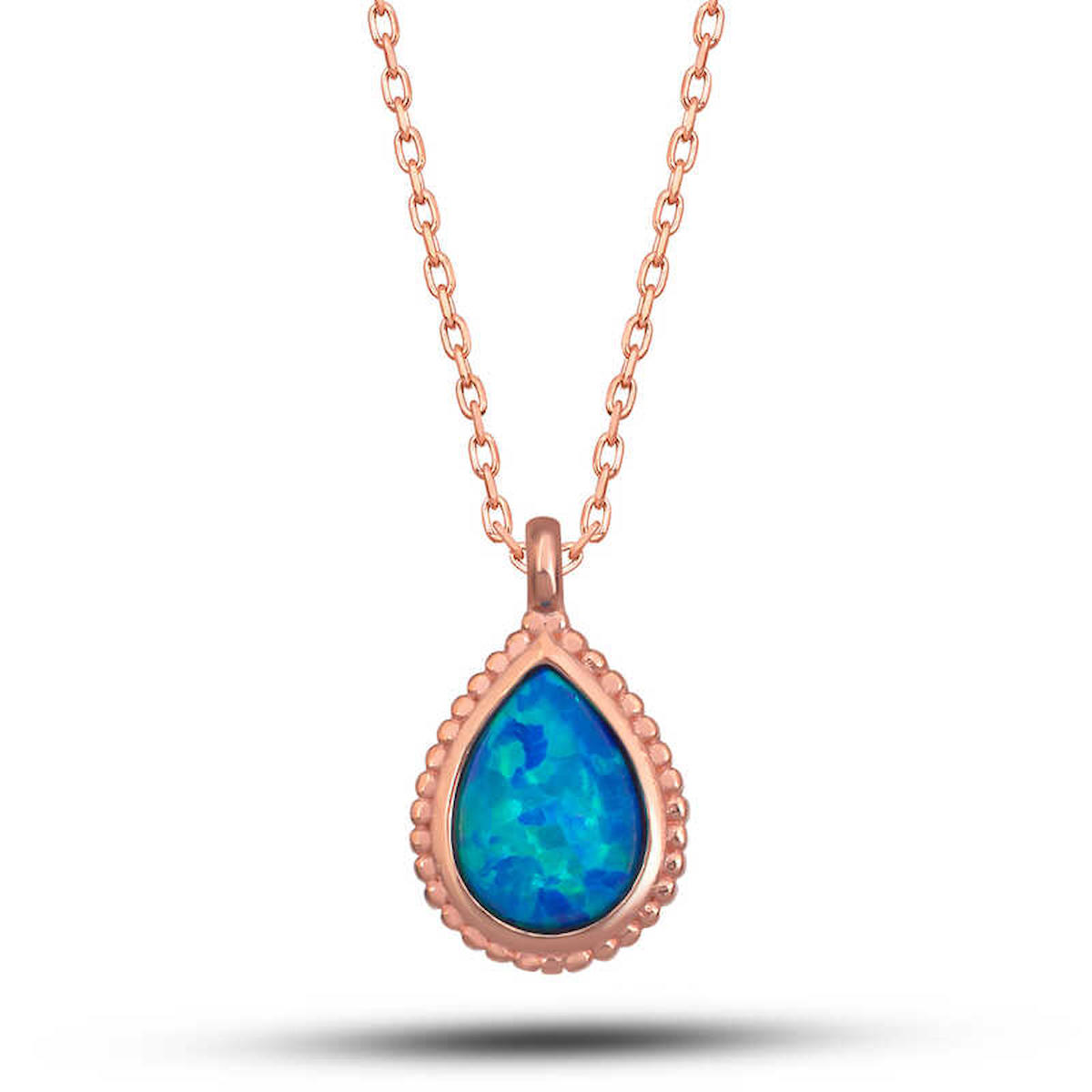 Lucky Life Geometrik Mavi Opal Taşlı 925 Ayar Kararmayan Damla Halat Zincir Kadın Gümüş Kolye 45 cm