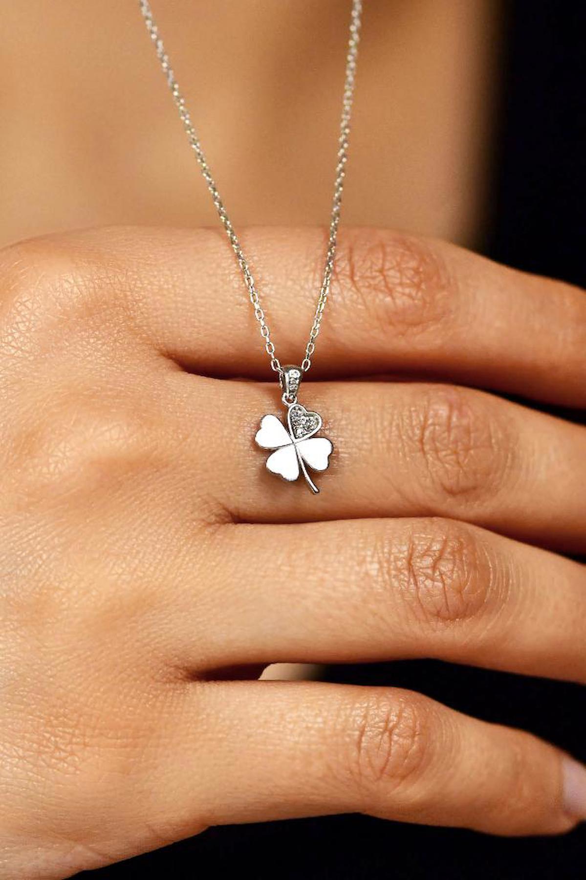 Roza Silver Yoncalı Beyaz Zirkon Taşlı Zincir Forse Zincir Kadın Gümüş Kolye 45 cm