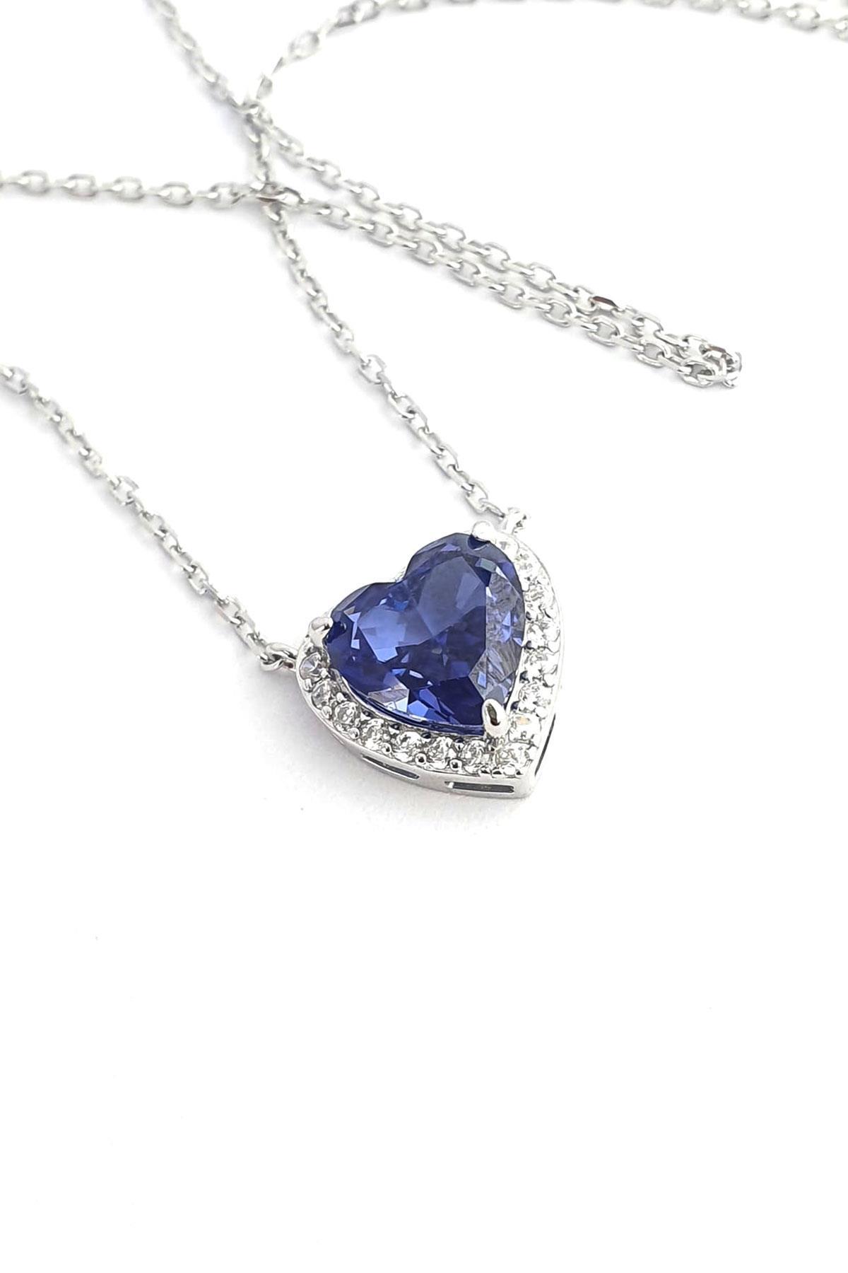 Oseshop Kalpli Mavi Diamond Taşlı 925 Ayar Altın Kaplama Kararmayan Forse Zincir Kadın Gümüş Kolye 45 cm