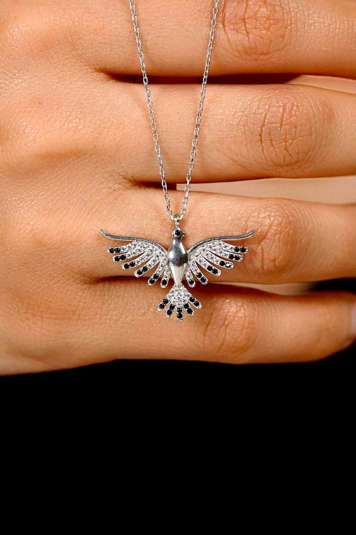Roza Silver Anka Kuşu Beyaz - Siyah Oniks Taşlı Düz Zincir Kadın Gümüş Kolye 45 cm