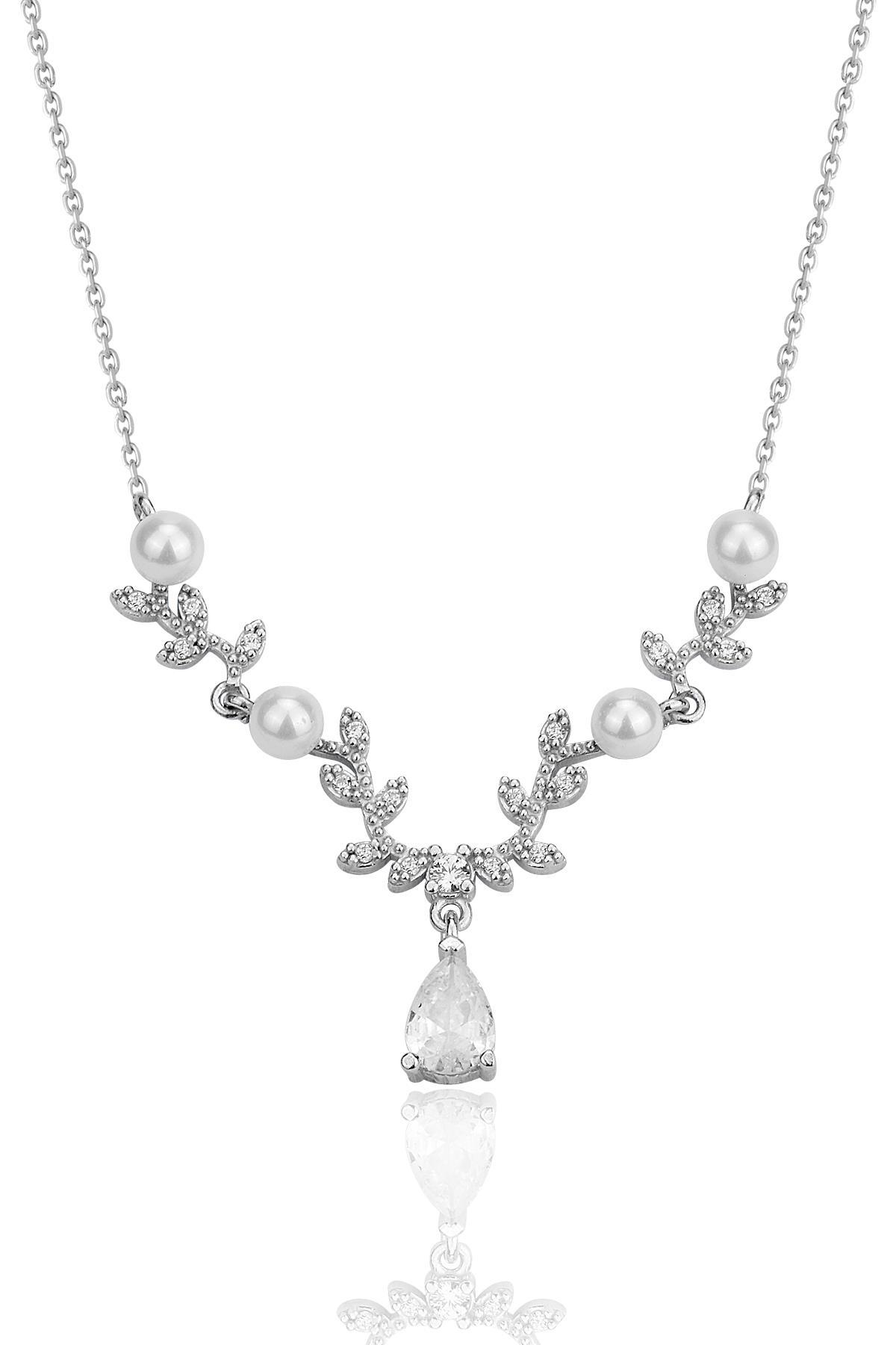 Söğütlü Silver Yapraklı Zirkon Taşlı Forse Zincir Kadın Gümüş Kolye 45 cm
