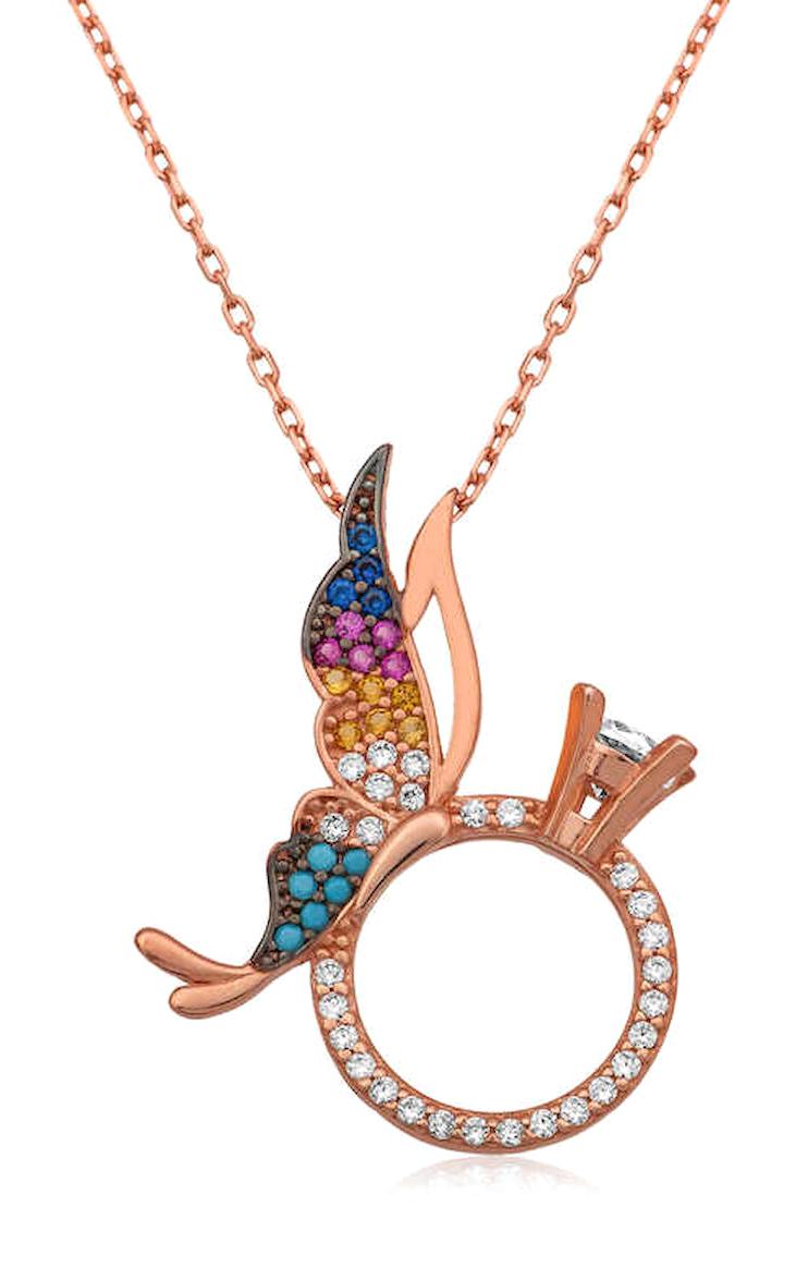 Lucky Life Kelebekli Çok Renkli Zirkon Taşlı 925 Ayar Kararmayan Halat Zincir Kadın Gümüş Kolye 45 cm