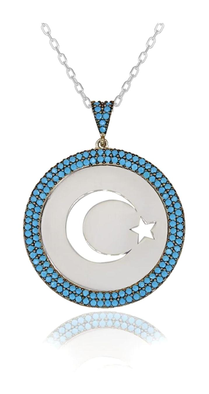 Takı Boom Ay Yıldız Turkuaz Zirkon Taşlı 925 Ayar Kararmayan Forse Zincir Kadın Gümüş Kolye 45 cm