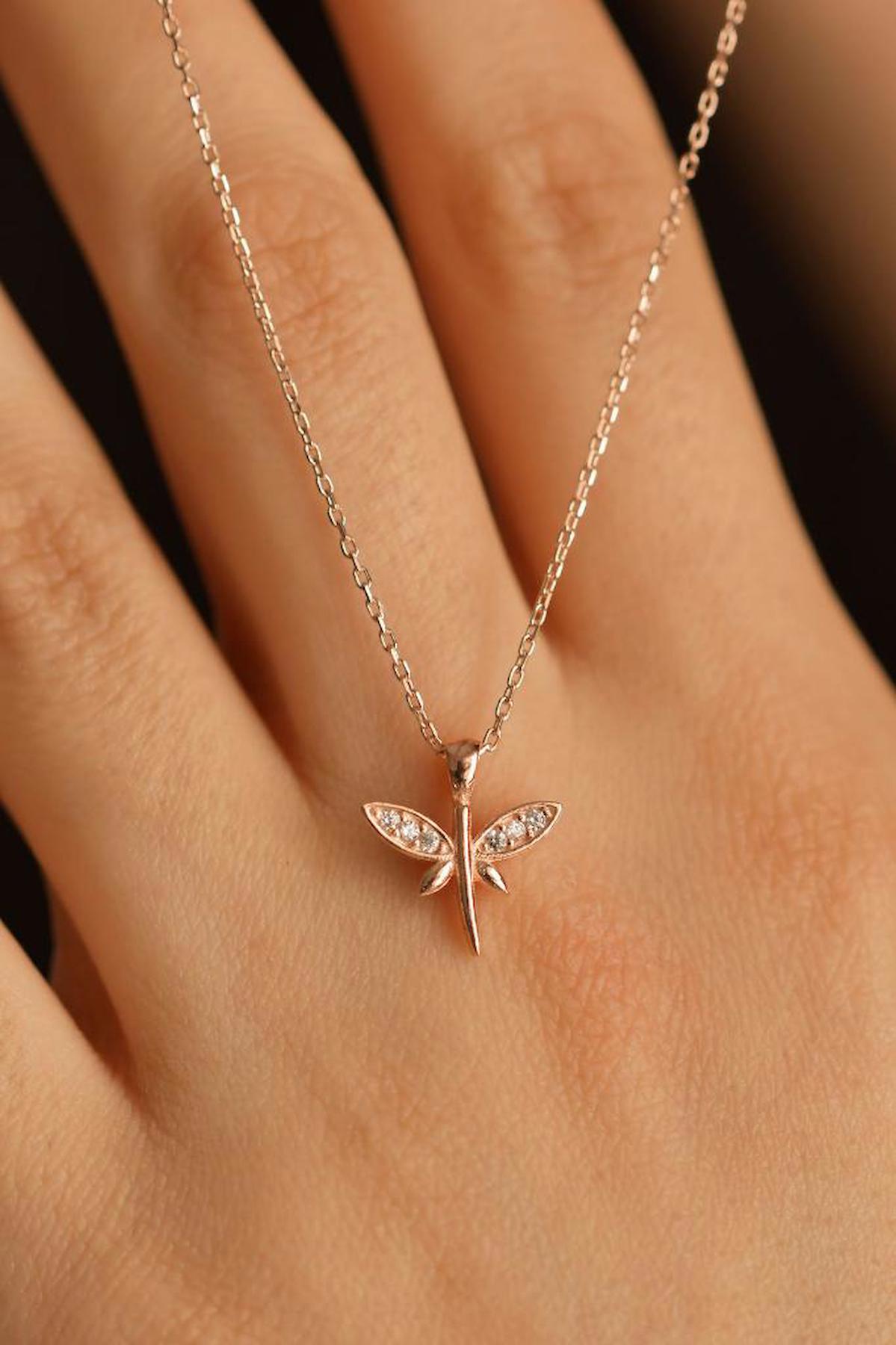 Roza Silver Yusufçuk Beyaz Zirkon Taşlı 925 Ayar Kararmayan Zincir Forse Zincir Kadın Gümüş Kolye 45 cm