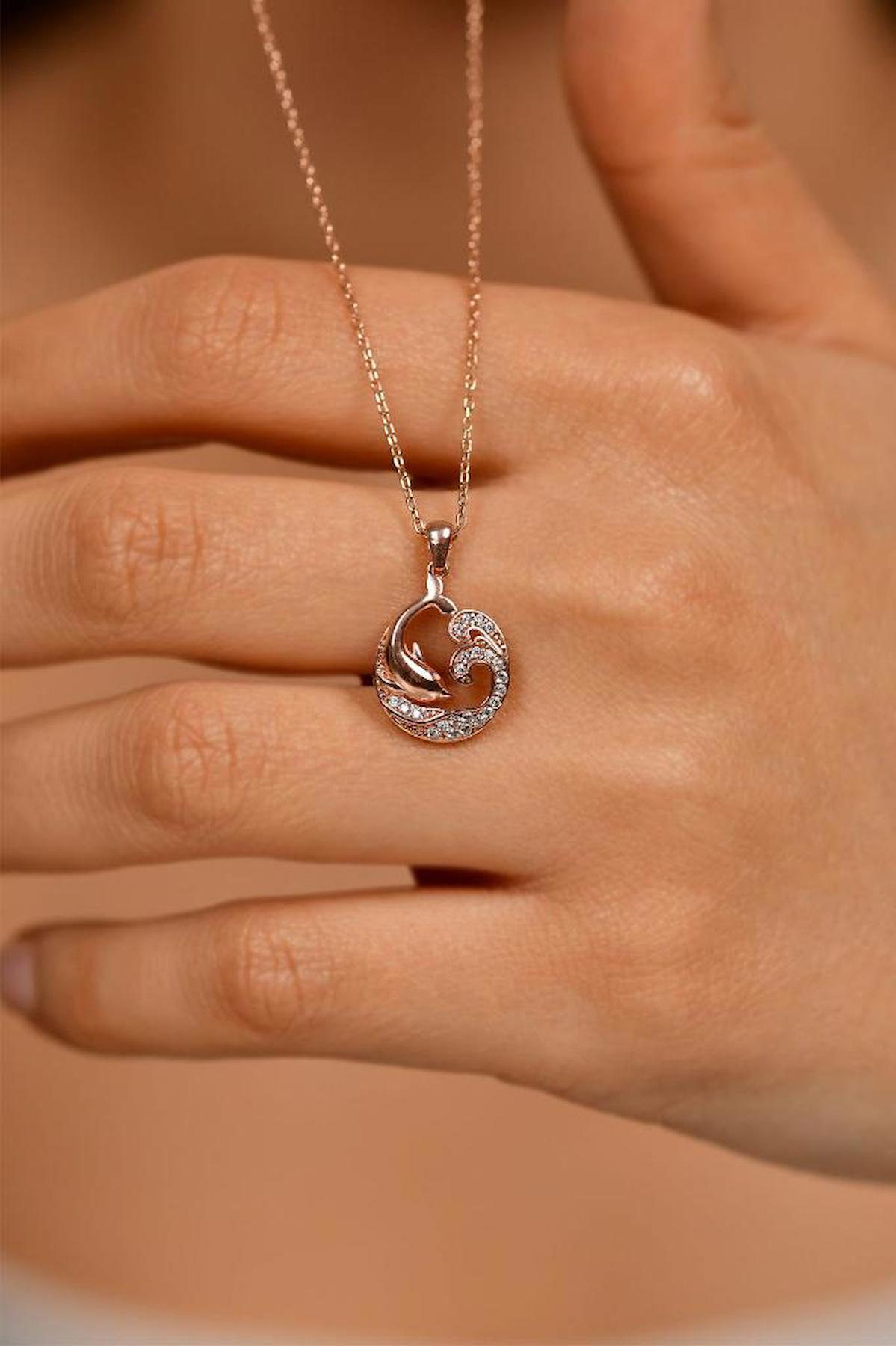 Roza Silver Yunus Balığı Beyaz Zirkon Taşlı 925 Ayar Kararmayan Zincir Forse Zincir Kadın Gümüş Kolye 45 cm