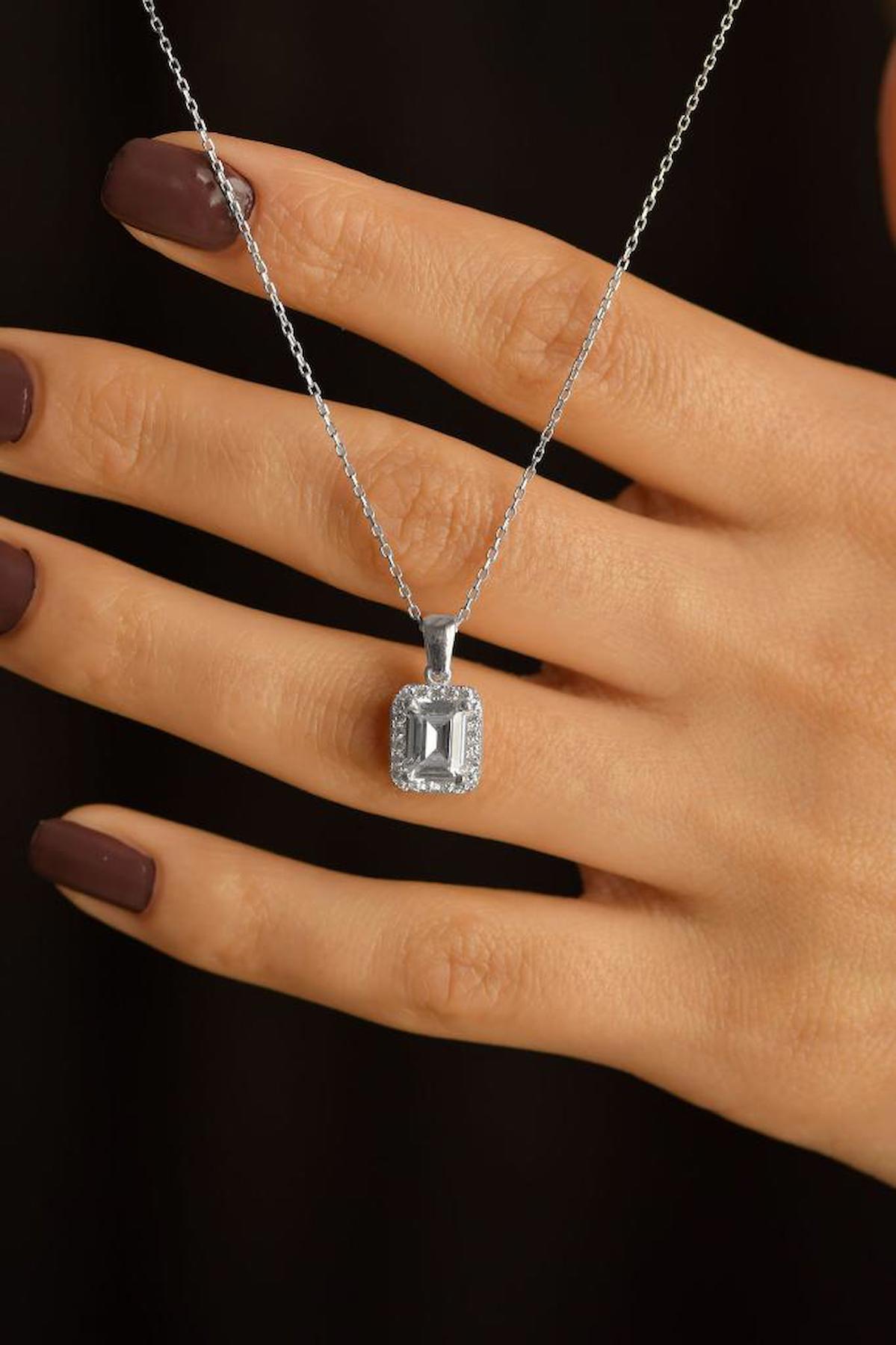 Roza Silver Beyaz Zirkon Taşlı 925 Ayar Kararmayan Baget Forse Zincir Gümüş Kolye 45 cm