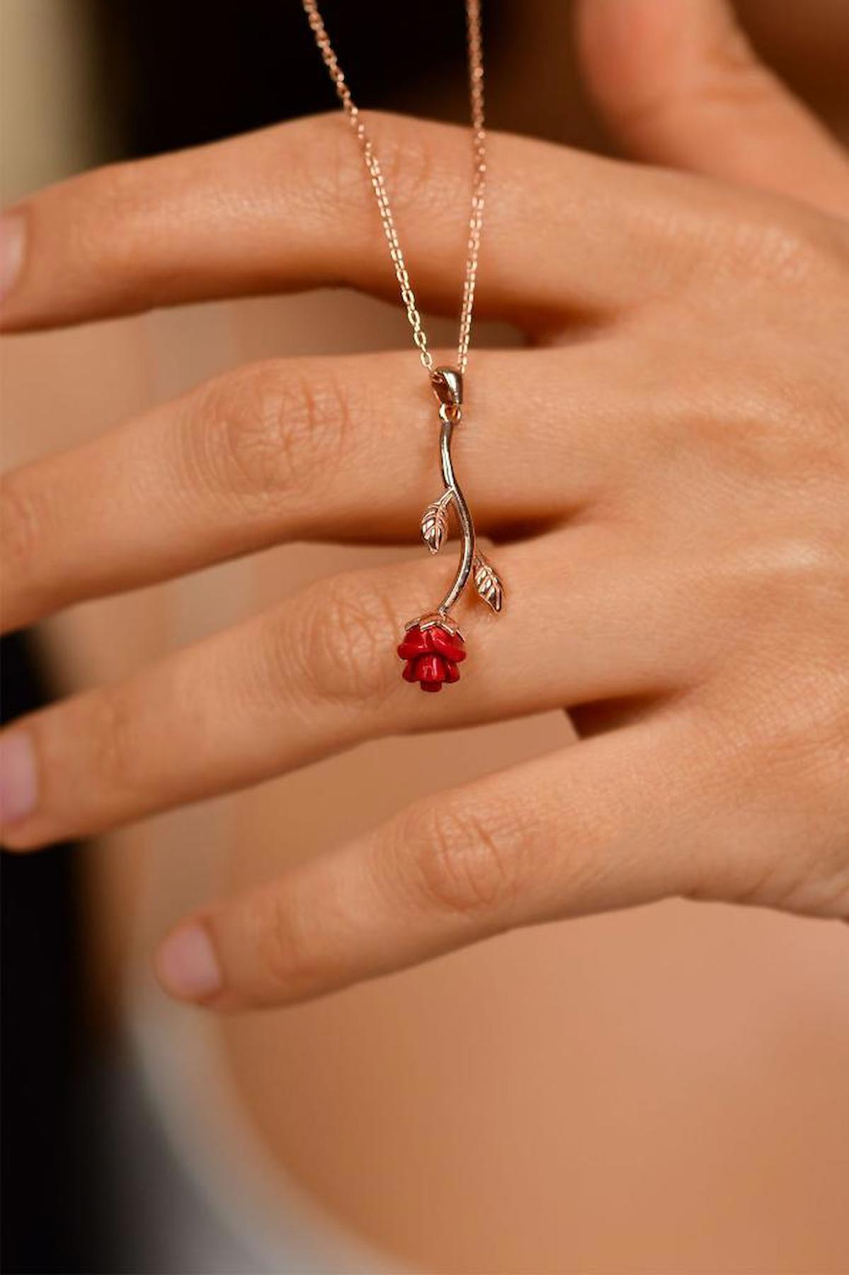 Roza Silver Gül Figürlü Kırmızı Taşlı 925 Ayar Kararmayan Zincir Forse Zincir Kadın Gümüş Kolye 45 cm