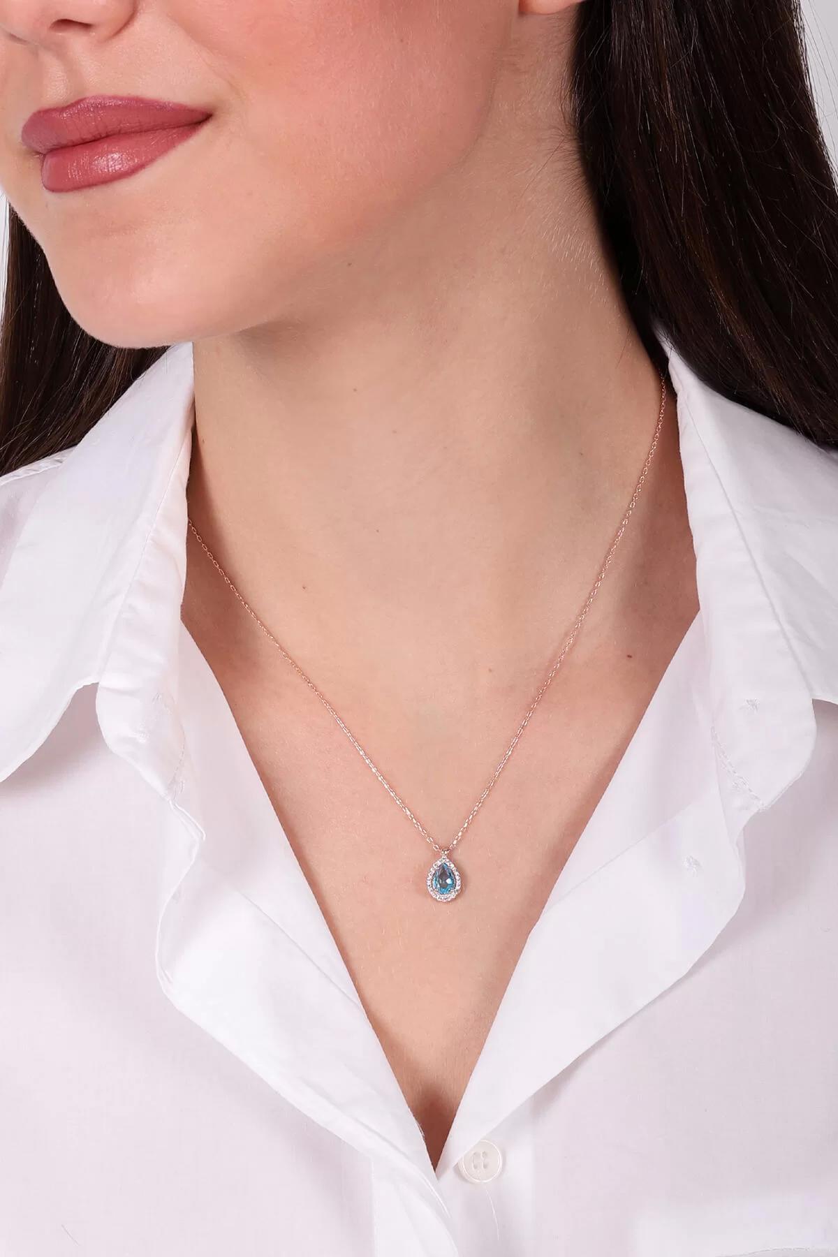 İpek Silver Beyaz-Turkuaz Zirkon Taşlı 925 Ayar Kararmayan Damla Forse Zincir Kadın Gümüş Kolye 45 cm
