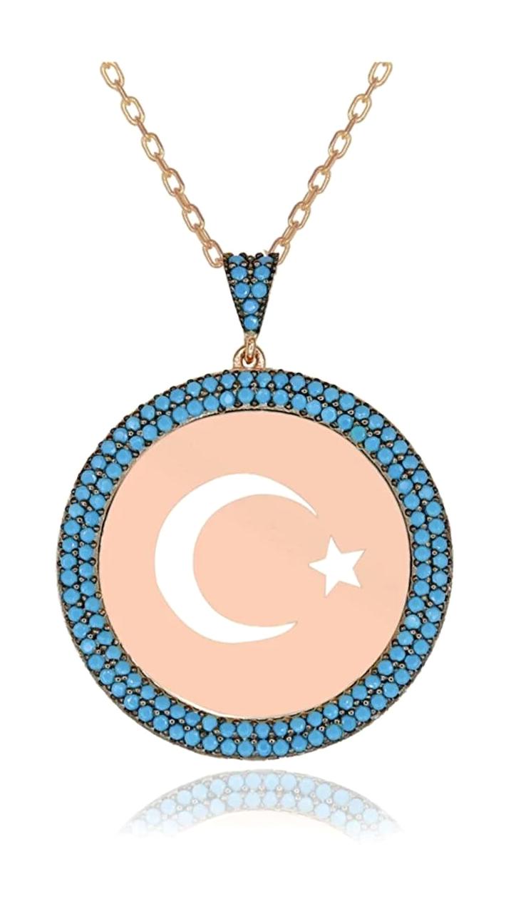 Takı Boom Ay Yıldız Turkuaz Zirkon Taşlı 925 Ayar Altın Kaplama Kararmayan Forse Zincir Kadın Gümüş Kolye 45 cm