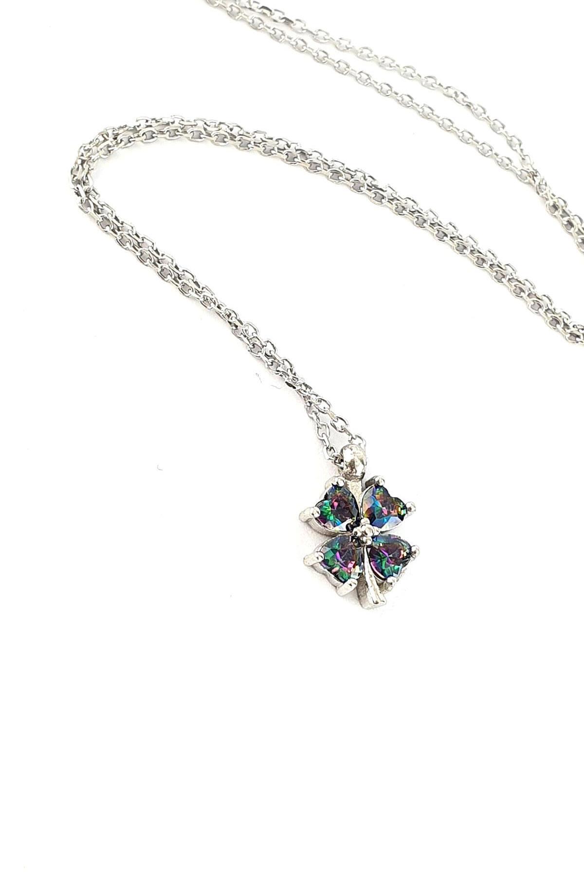 Oseshop Yoncalı Çok Renkli Topaz Taşlı 925 Ayar Kararmayan Forse Zincir Kadın Gümüş Kolye 45 cm