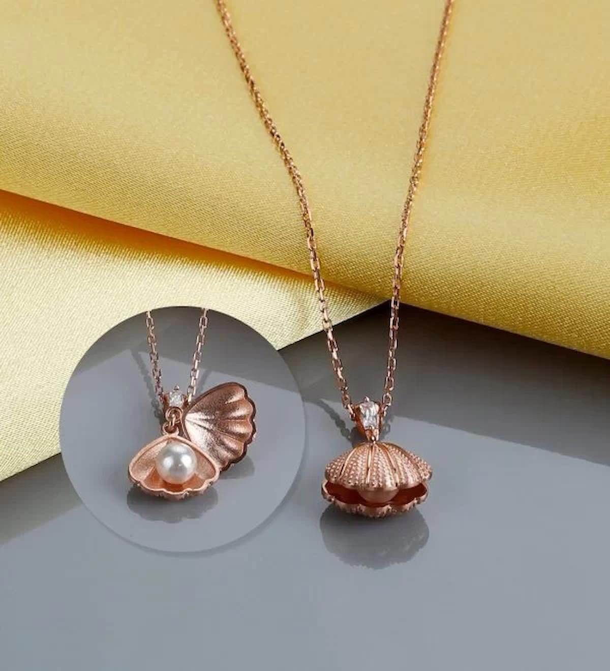 İpek Silver İstiridye ve İnci Gri Zirkon Taşlı 925 Ayar Kararmayan Forse Zincir Kadın Gümüş Kolye 45 cm