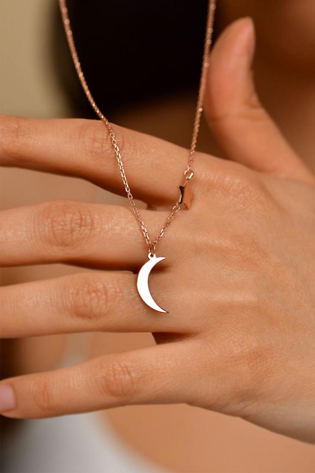 Roza Silver Ay Yıldız 925 Ayar Kararmayan Zincir Forse Zincir Kadın Gümüş Kolye 45 cm
