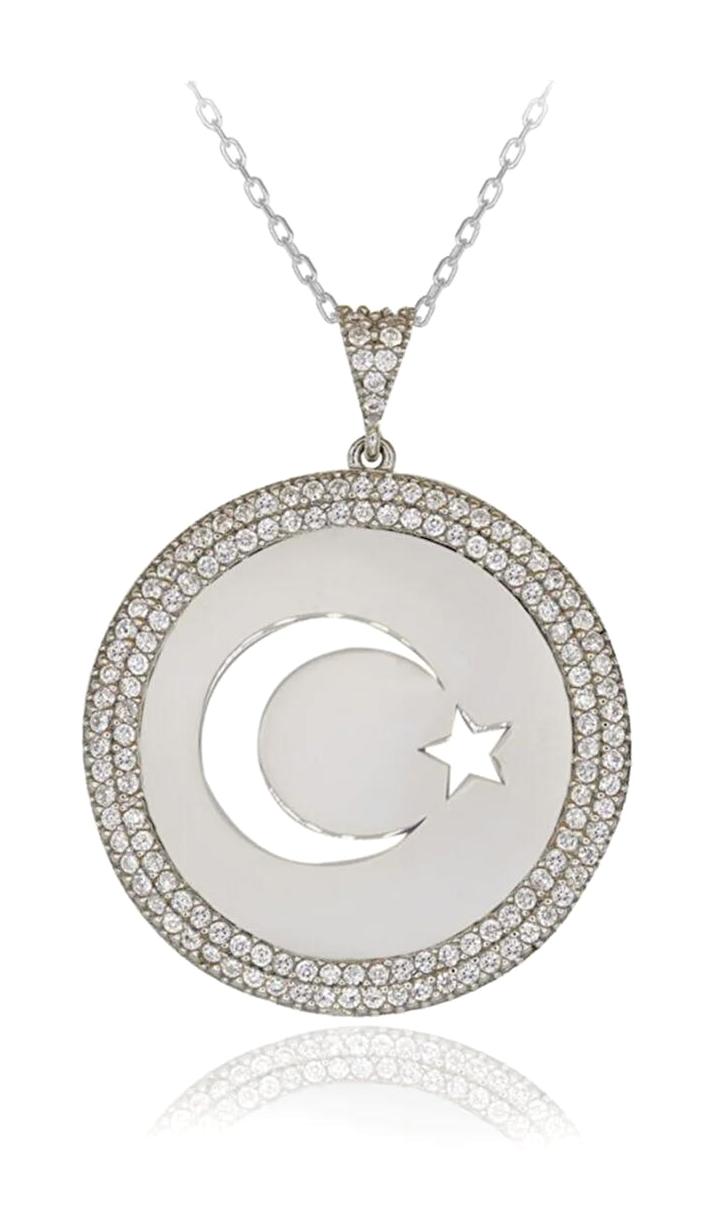 Takı Boom Ay Yıldız Beyaz Zirkon Taşlı 925 Ayar Kararmayan Forse Zincir Kadın Gümüş Kolye 45 cm