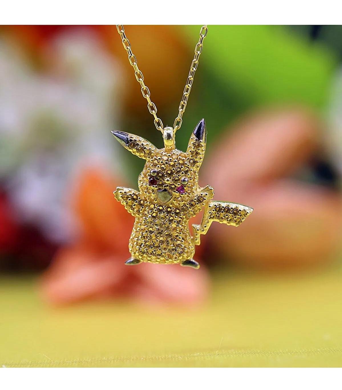 Takı Boom Pikachu Pokemon Sarı Zirkon Taşlı 925 Ayar Altın Kaplama Kararmayan Forse Zincir Kadın Gümüş Kolye 45 cm