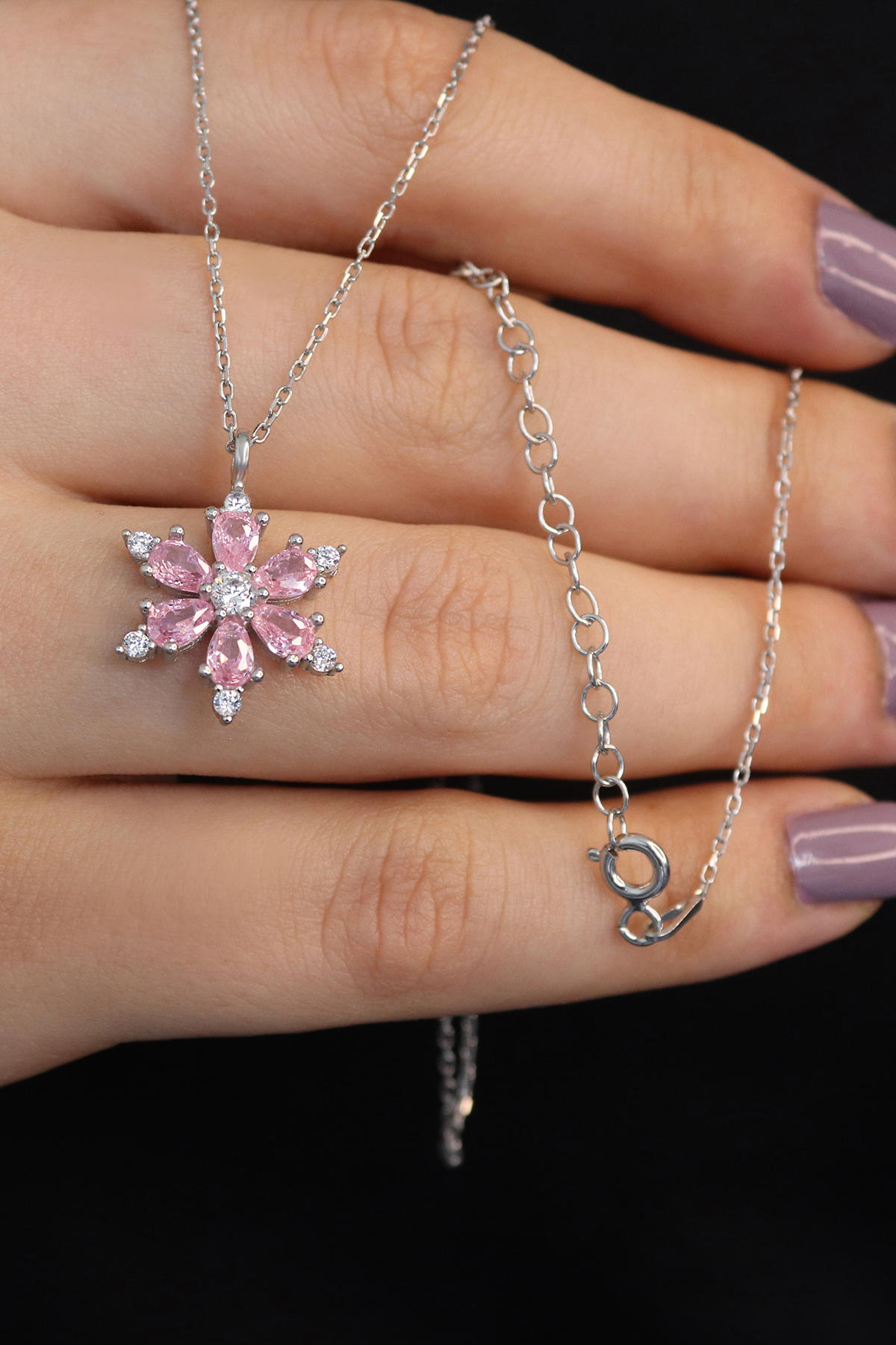 Parmas Design Pembe Zirkon Taşlı 925 Ayar Kararmayan Forse Zincir Kadın Gümüş Kolye 47 cm