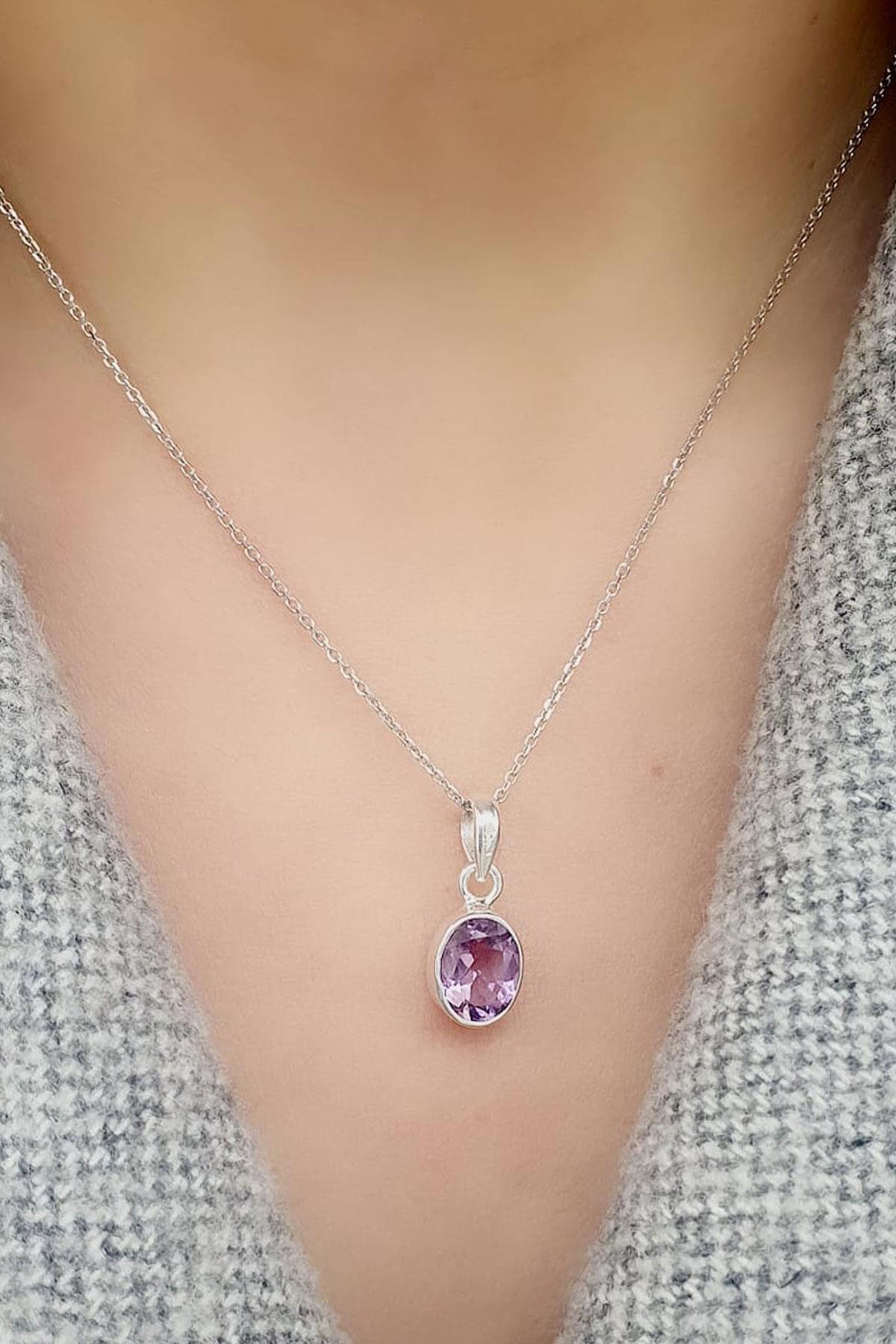 Oseshop Mor Ametist Taşlı 925 Ayar Kararmayan Forse Zincir Kadın Gümüş Kolye 45 cm