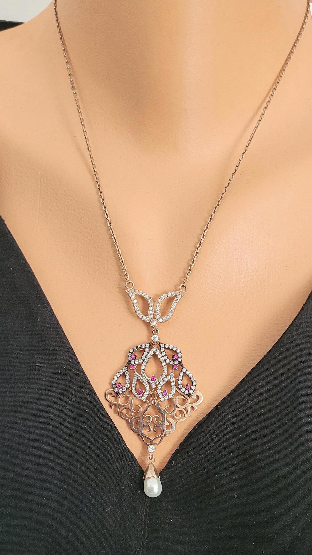 Nusret Takı Figürlü Beyaz-Pembe Zirkon Taşlı 925 Ayar Kararmayan Damla Düz Zincir Kadın Gümüş Kolye 45 cm