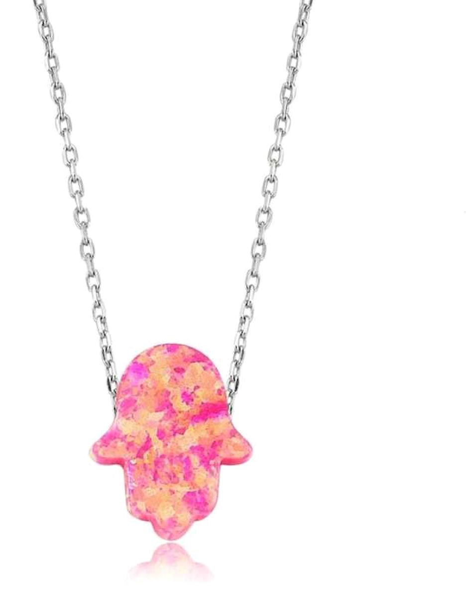 Gumush Geometrik Pembe Opal Taşlı Kararmayan Forse Zincir Kadın Gümüş Kolye 45 cm