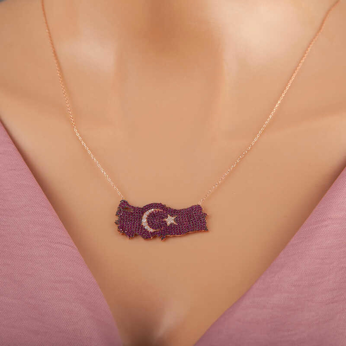 Gumush Mor Zirkon Taşlı Kararmayan Forse Zincir Kadın Gümüş Kolye 45 cm