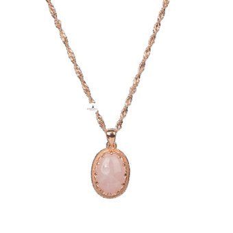 Osmanlı Doğal Taş Oval Pembe Kuvars Taşlı Kararmayan Düz Zincir Kadın Gümüş Kolye 50 cm
