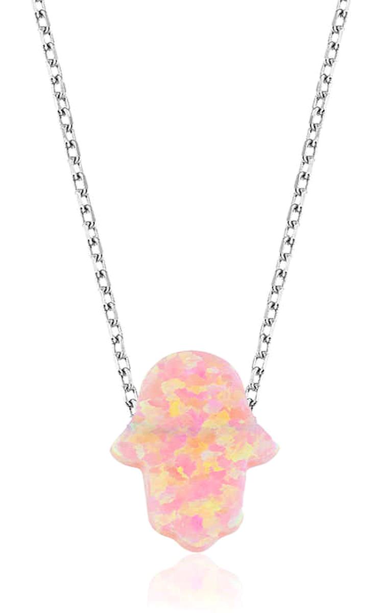Stillove Pembe Opal Taşlı Kararmayan Düz Zincir Kadın Gümüş Kolye 45 cm