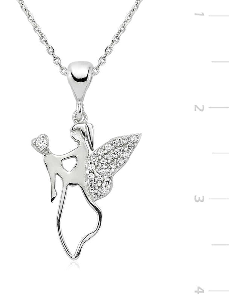 Gumush Melekli Beyaz-Mor Zirkon Taşlı Kararmayan Forse Zincir Kadın Gümüş Kolye 45 cm
