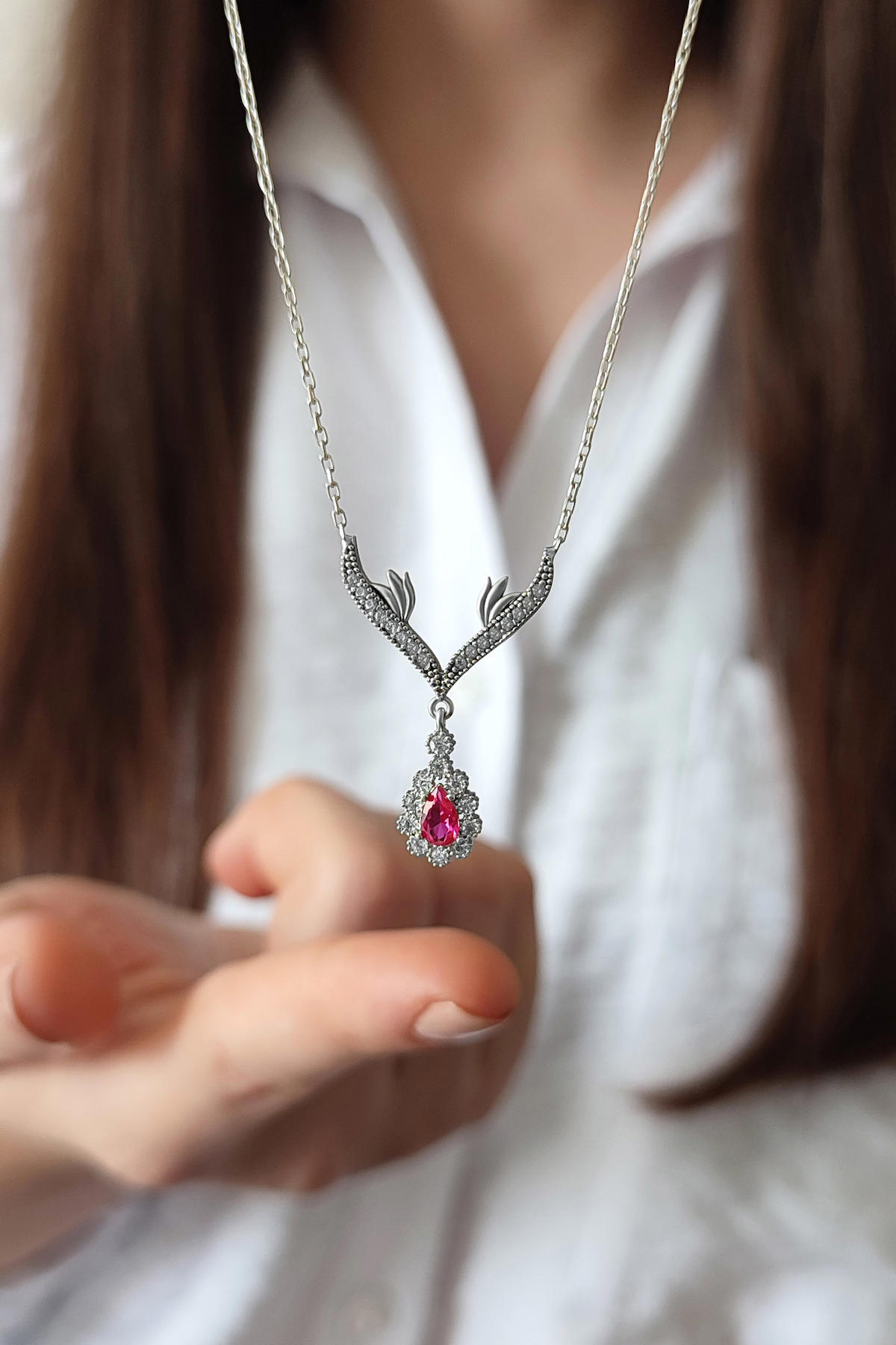 Parmas Design Pembe Zirkon Taşlı 925 Ayar Kararmayan Damla Forse Zincir Kadın Gümüş Kolye 47 cm