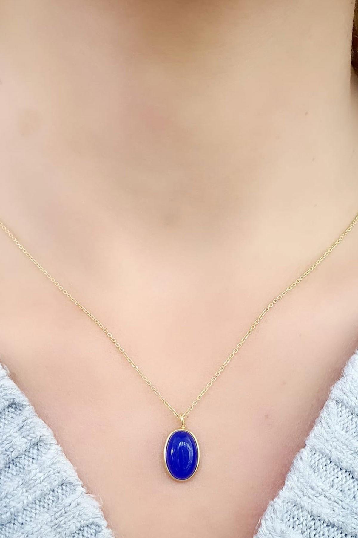 Oseshop Oval Lacivert Lapis Taşlı 925 Ayar Altın Kaplama Kararmayan Forse Zincir Kadın Gümüş Kolye 45 cm