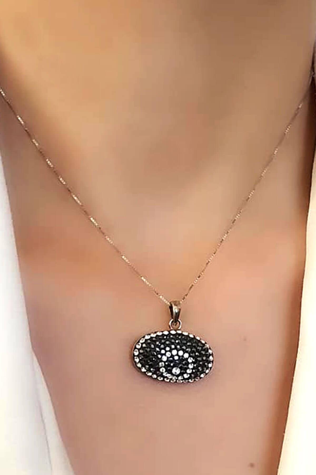Oseshop Beyaz Siyah Swarovski Taşlı 925 Ayar Kararmayan Oval Forse Zincir Kadın Gümüş Kolye 45 cm