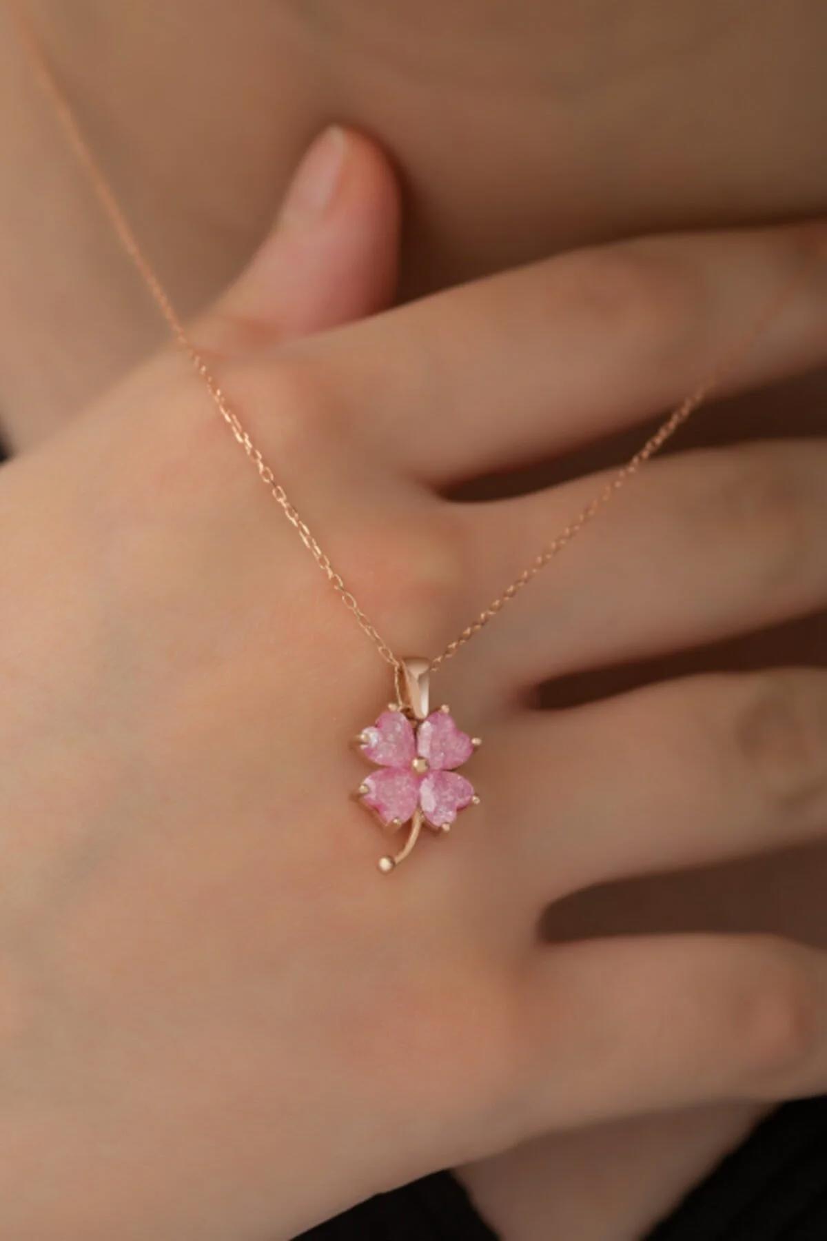 Nereze Melek Pembe Zirkon Taşlı 925 Ayar Kararmayan Düz Zincir Kadın Gümüş Kolye 42 cm