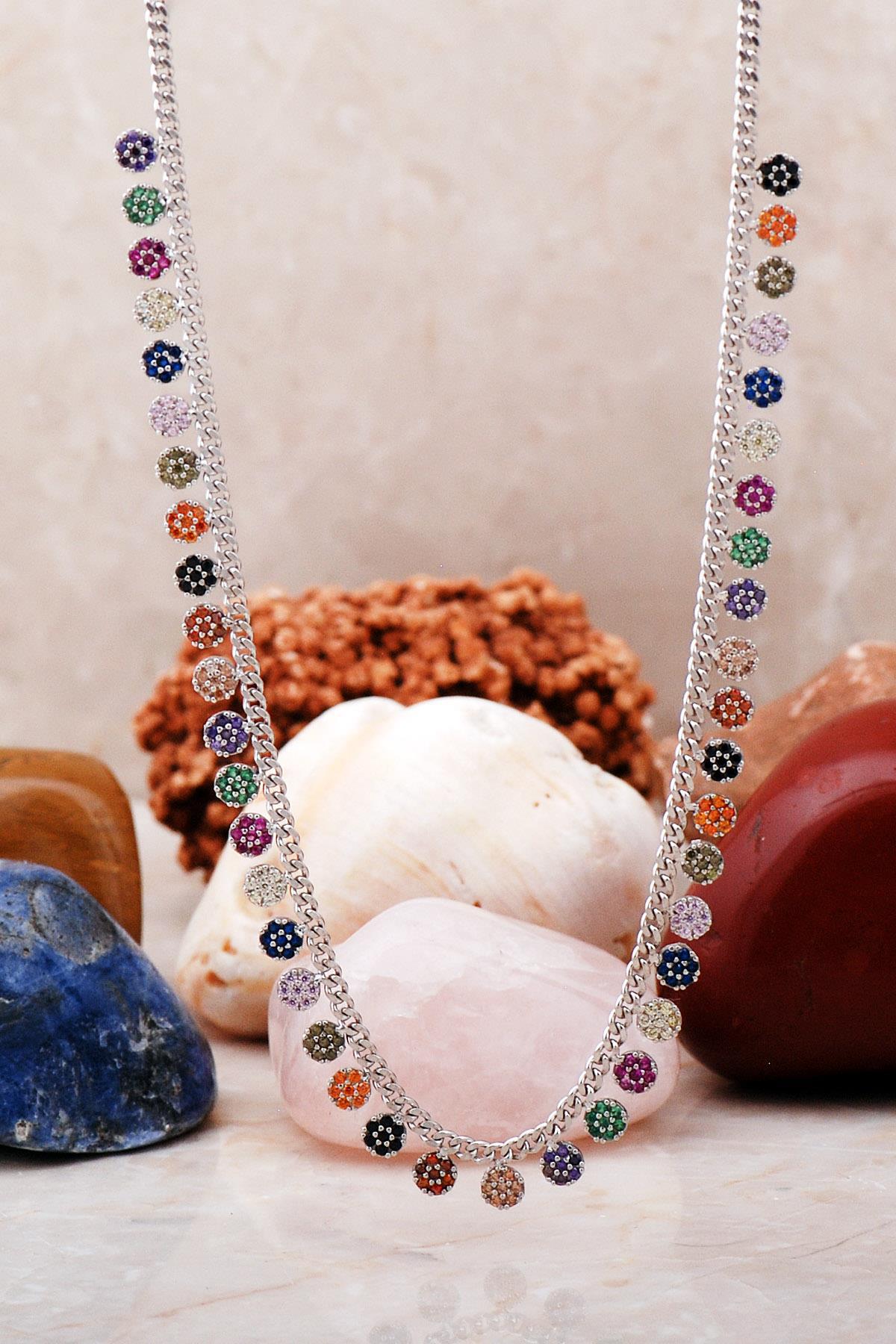 Sümer Telkari Kalp Çok Renkli Mix Taşlı Kararmayan Choker Yassı Zincir Kadın Gümüş Kolye 48 cm