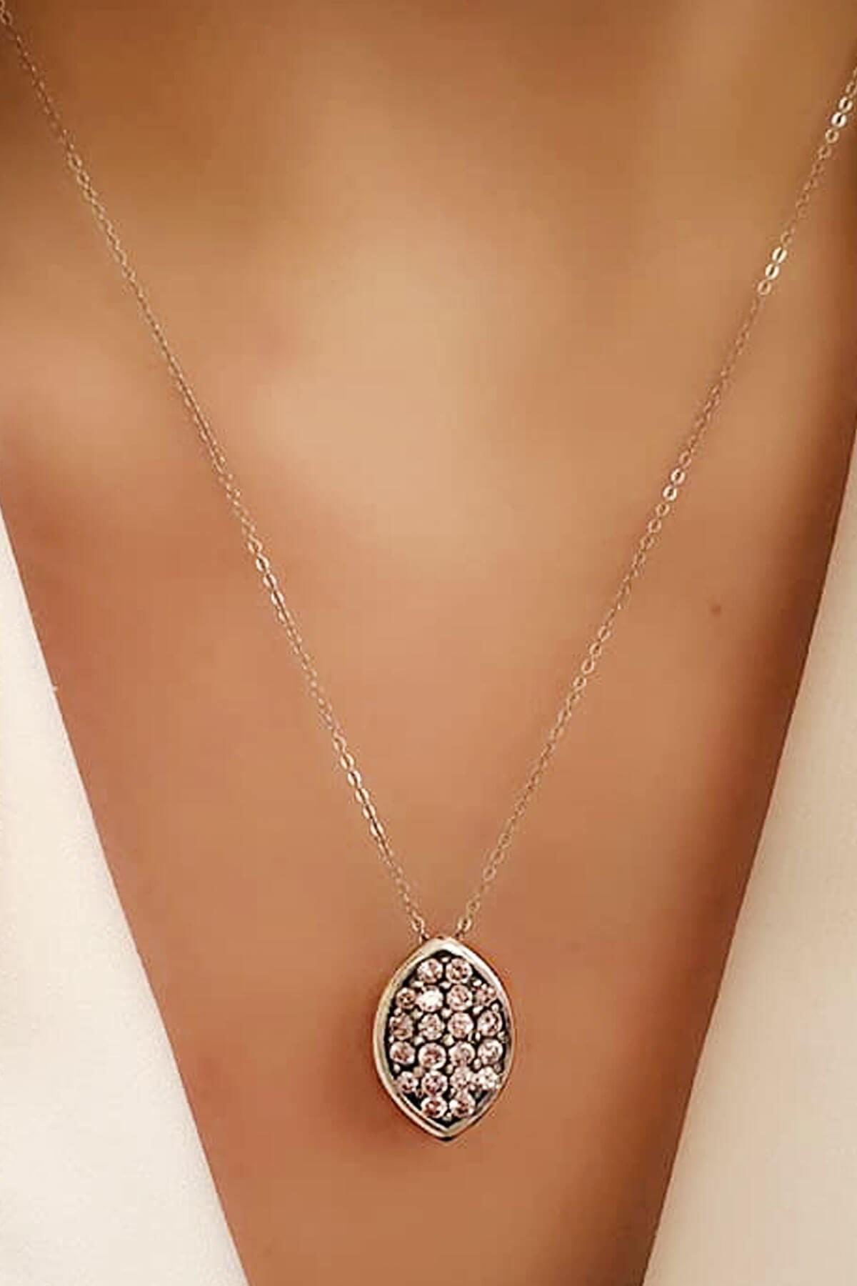 Oseshop Damla Pembe Zirkon Taşlı 925 Ayar Kararmayan Forse Zincir Kadın Gümüş Kolye 45 cm