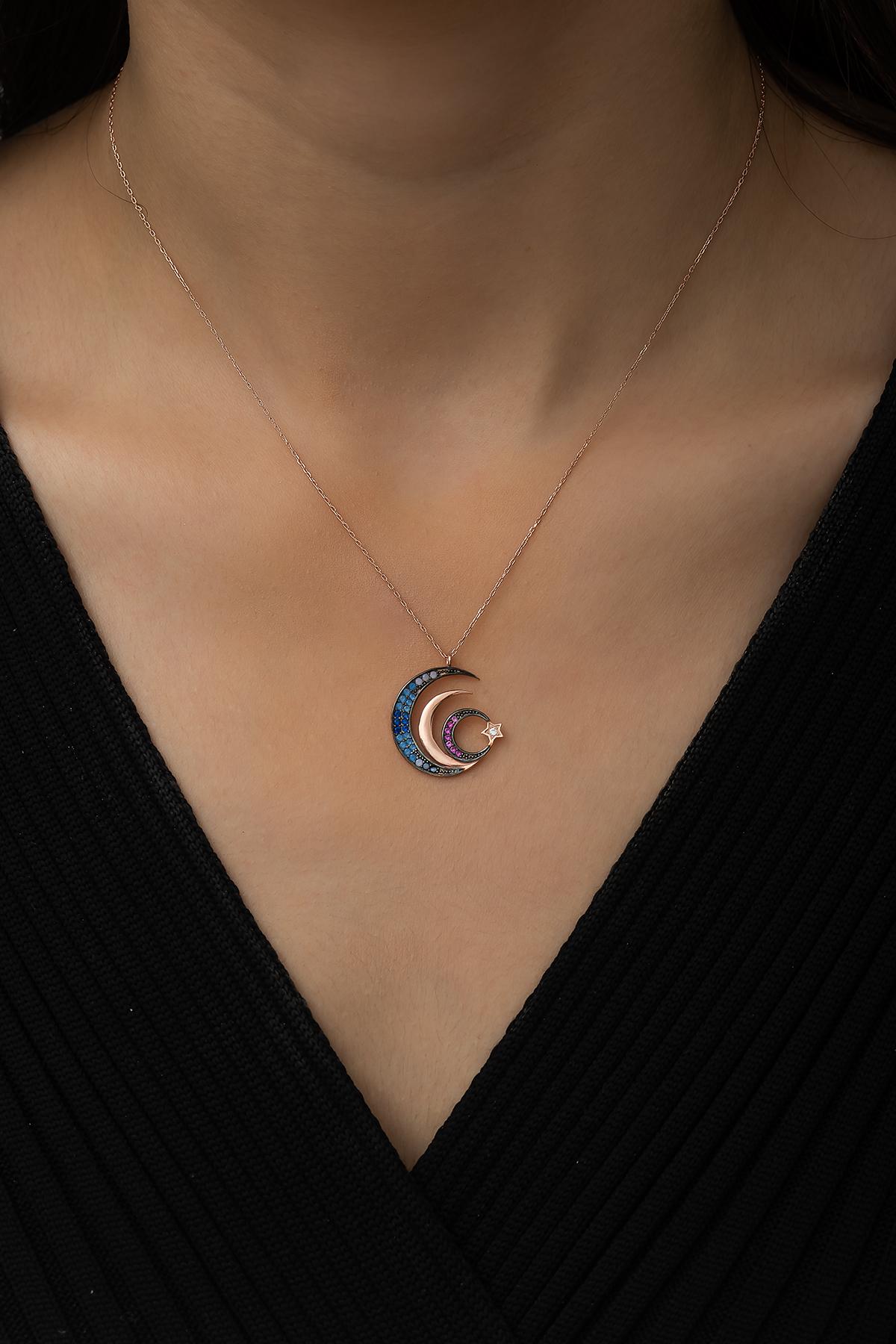 Elika Silver Ay Yıldız Çok Renkli Zirkon Taşlı 925 Ayar Evet Kararmayan Düz Zincir Kadın Gümüş Kolye 43 cm