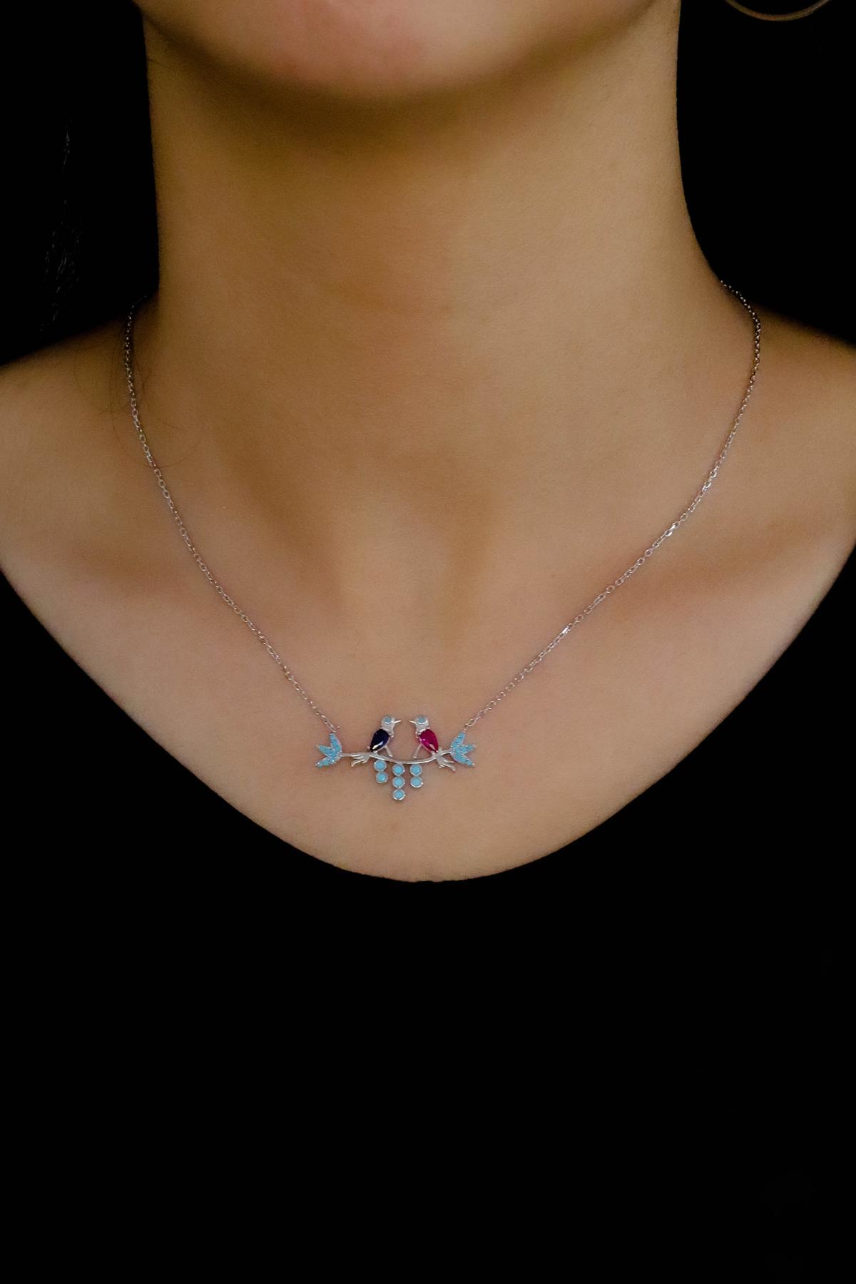 Midyat Nurtaş Gümüş Kalp Mavi Zirkon Forse Zincir Kadın Gümüş Kolye