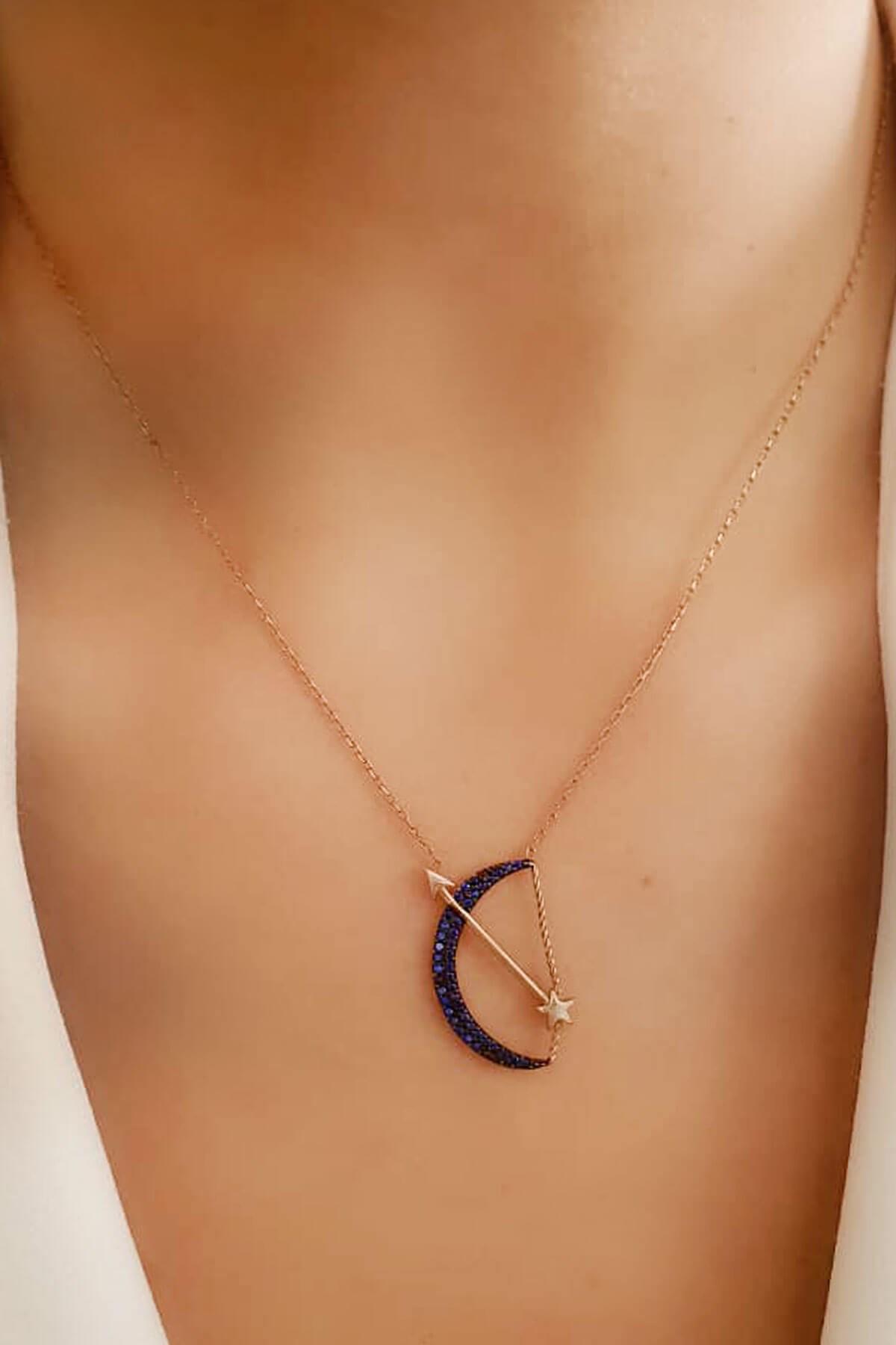 Oseshop Lacivert Zirkon Taşlı 925 Ayar Kararmayan Ay Yıldız Forse Zincir Kadın Gümüş Kolye 45 cm